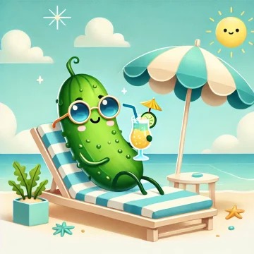 Illustration of a pickle sunbathing on a longchair on the beach holding a cocktail in his hand during a sunny day.