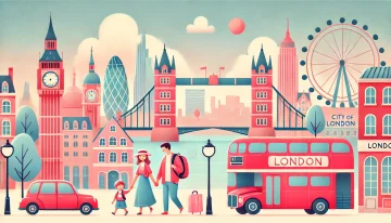 illustracion de londres con una familia composada de un padre un madre y un nino visitando la cuidad